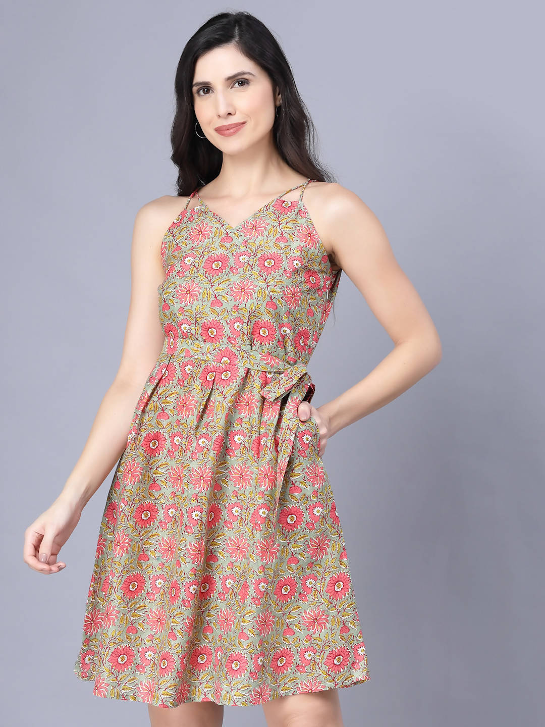 Myshka Cotton Printed Sleeveless Shoulder Straps Multicolor Women Dress | Grocsy