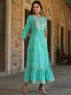Juniper Women's Green Printed Embroidered Mirror Work Sequin Cotton Flared Dress | Grocsy