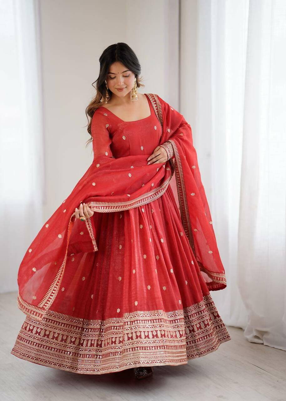 The52 Women's Beautiful Embroidery Work Crunchy Silk Fabric Flared Anarkali and Dupatta Set | Grocsy
