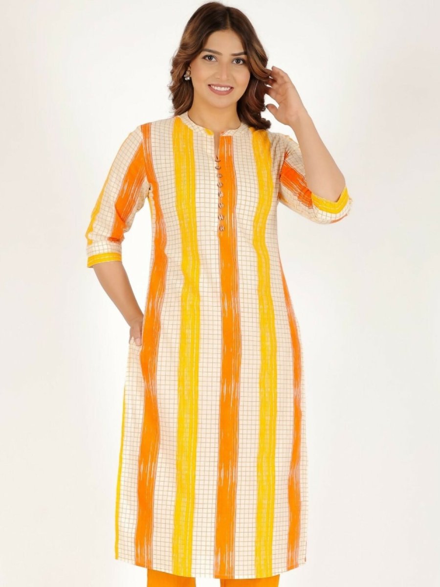 Aramya Yellow Soft Cotton Checkered Straight Kurta for Women | Grocsy