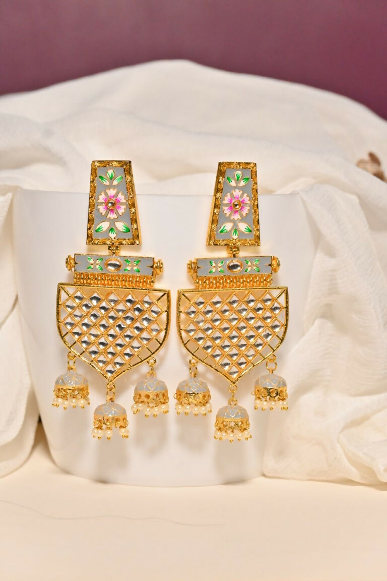 Grey Traditional Gold-Polished Meenakari Jhumka Jhumki Earrings Indian Jewellery For Women Girls By House of Ree - Swadesiicart