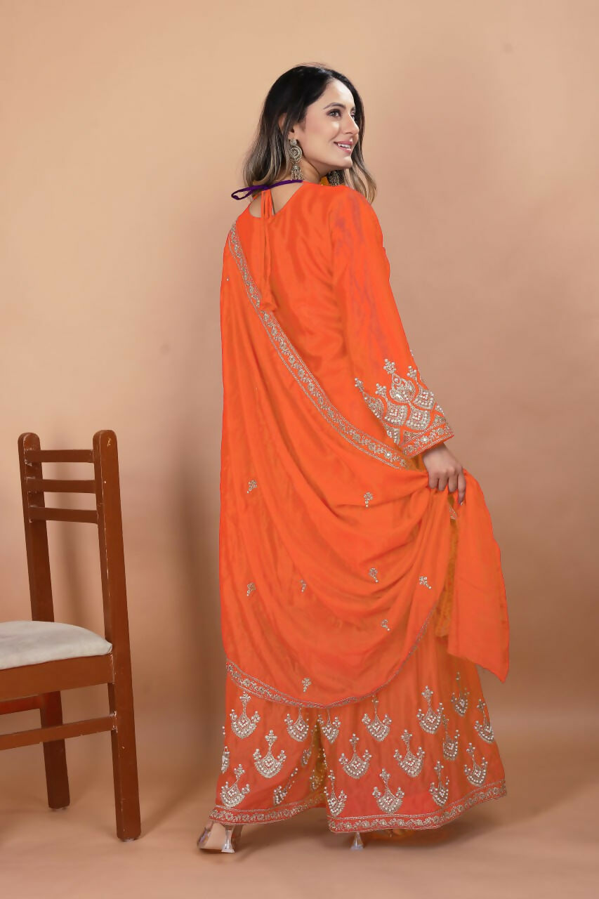 Joban Fashion Orange Silk Embroidered Sharara Set | Grocsy