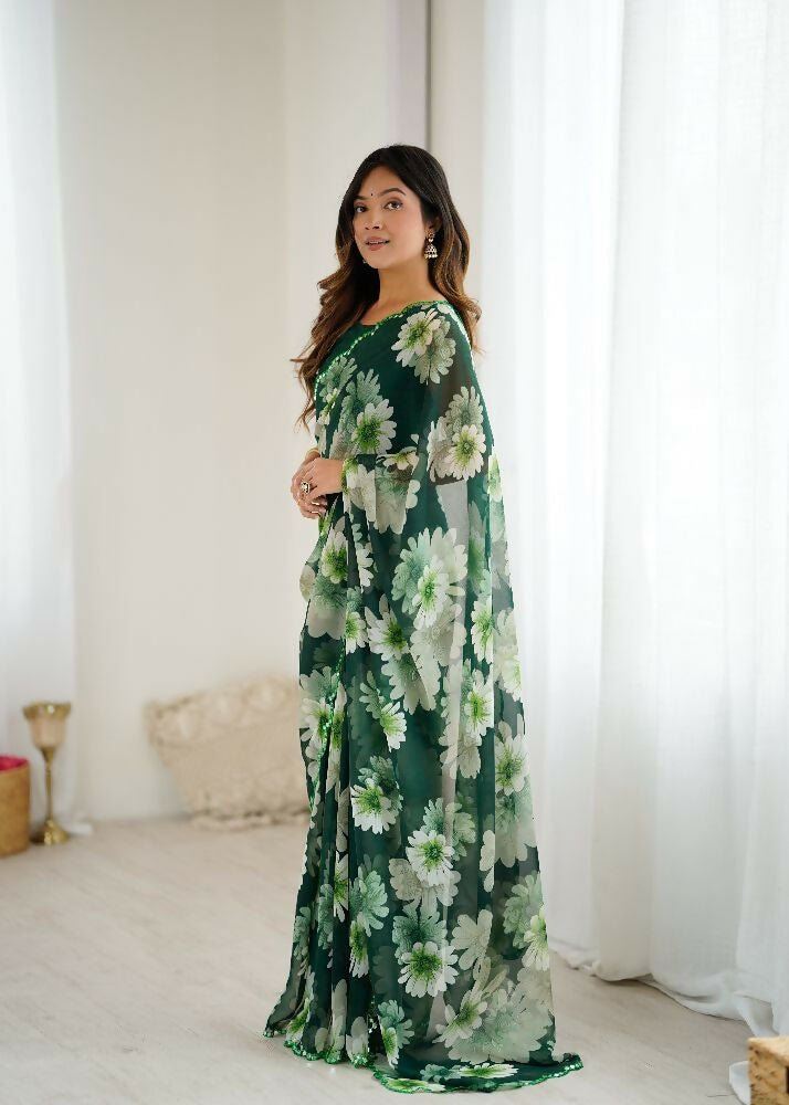 PR Fashion Green Georgette Printed With Mirror Work Saree | Grocsy