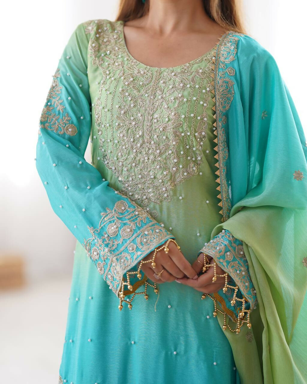 The52 Women's Beautiful Chinon silk Fabric Embroidery Work Straight Kurta Palazzo and Dupatta Set | Grocsy