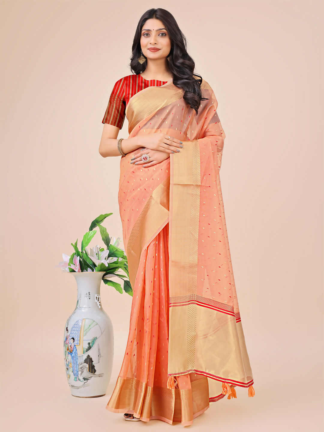 Shree Shyam Fashion Florance Peach Organza Saree | Grocsy