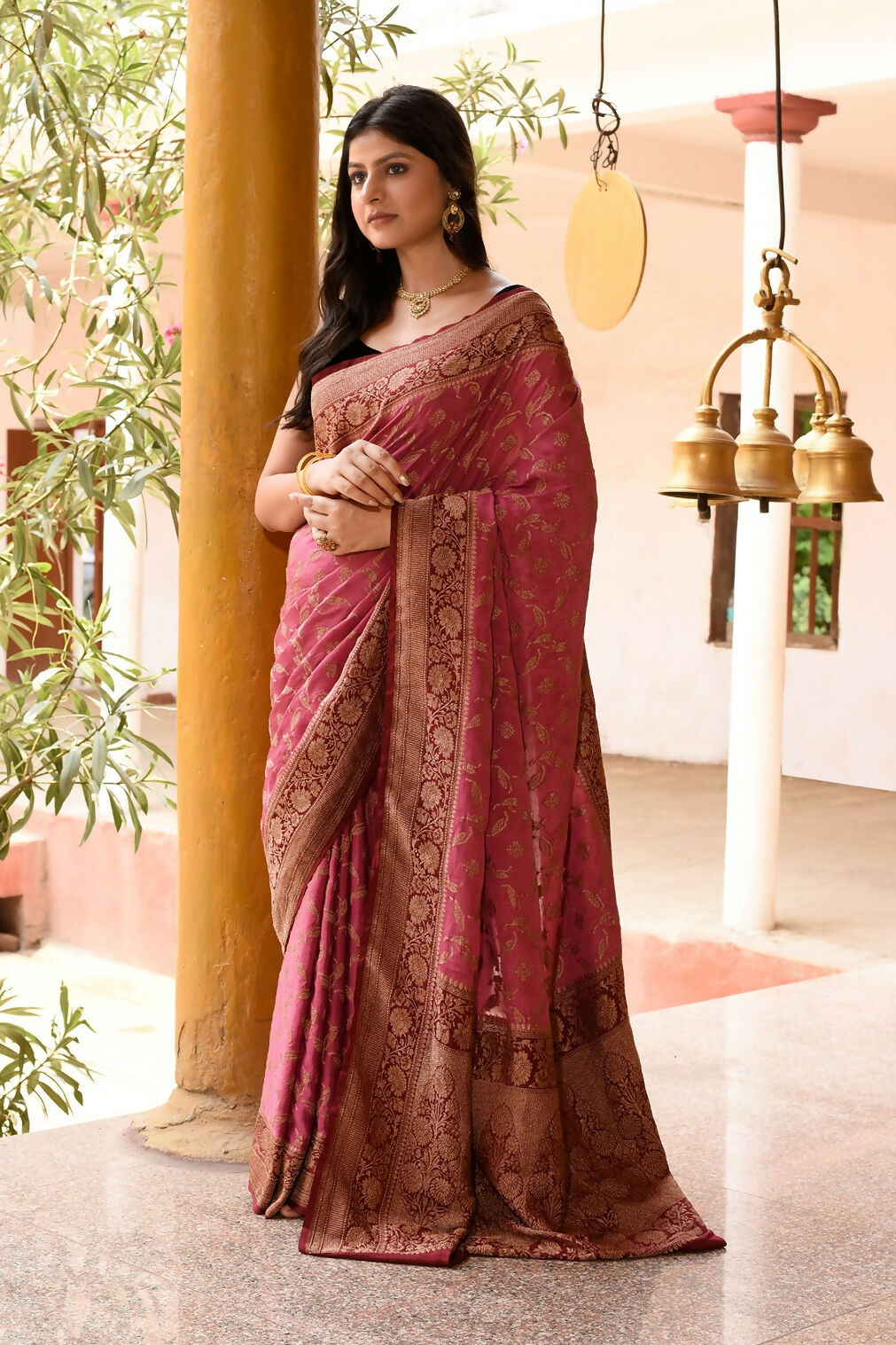 Joban Fashion Dark Pink Crepe Chiffon Pure Handloom Banarasi Silk Saree | Grocsy