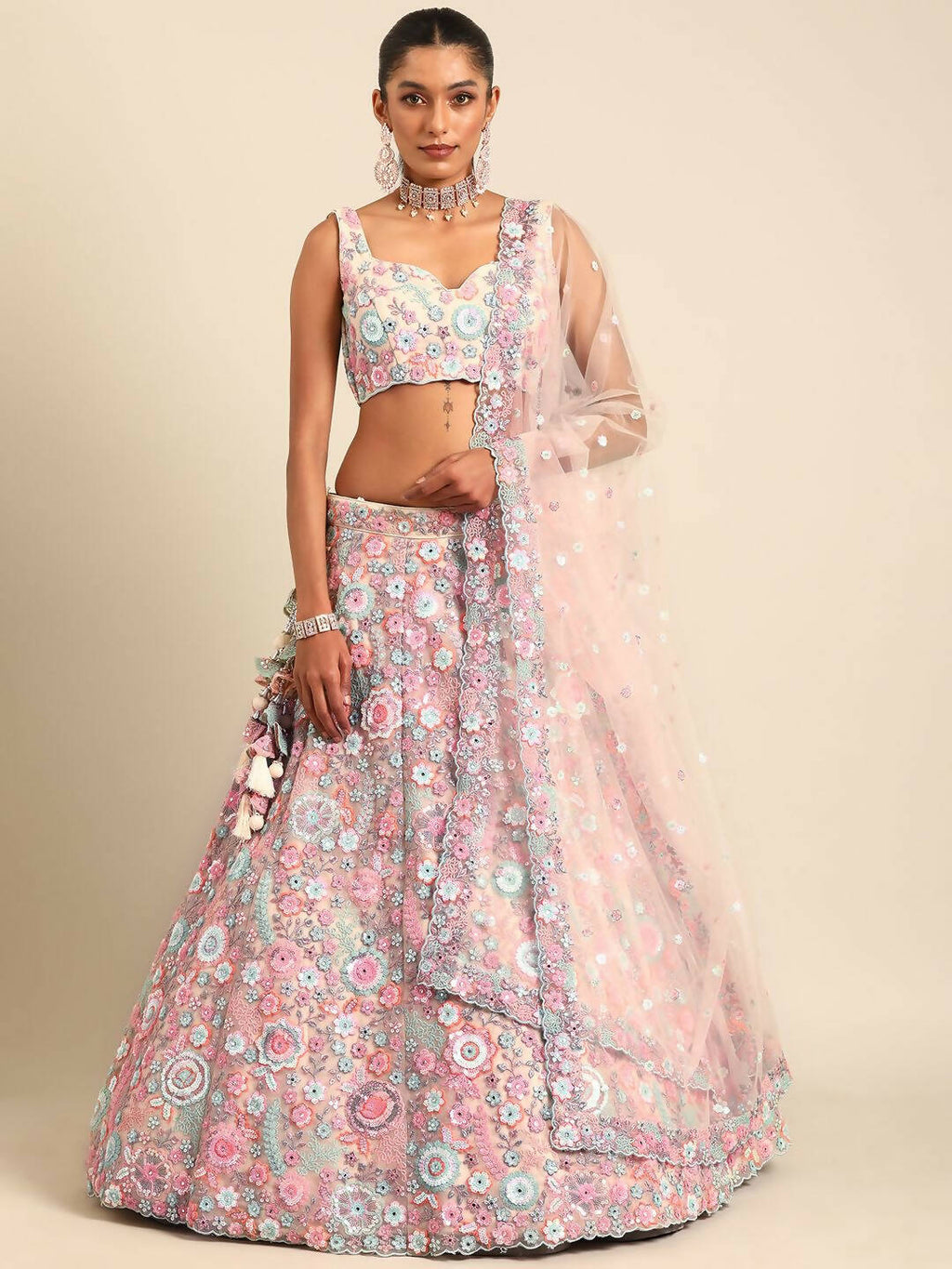 House of Panchhi Cream Net Sequins, Mirror and thread embroidery Lehenga choli & Dupatta | Grocsy