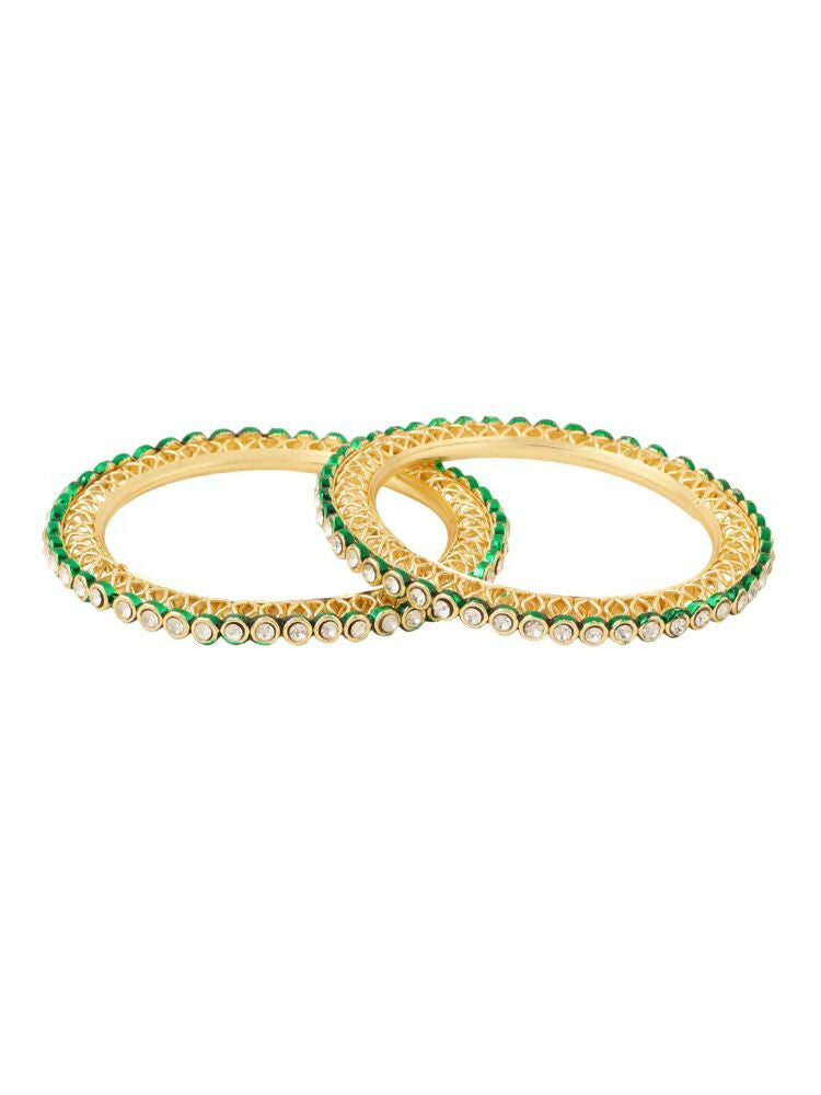 NVR Women Set of 2 Gold-Polished Green Kundan Studded Bangles