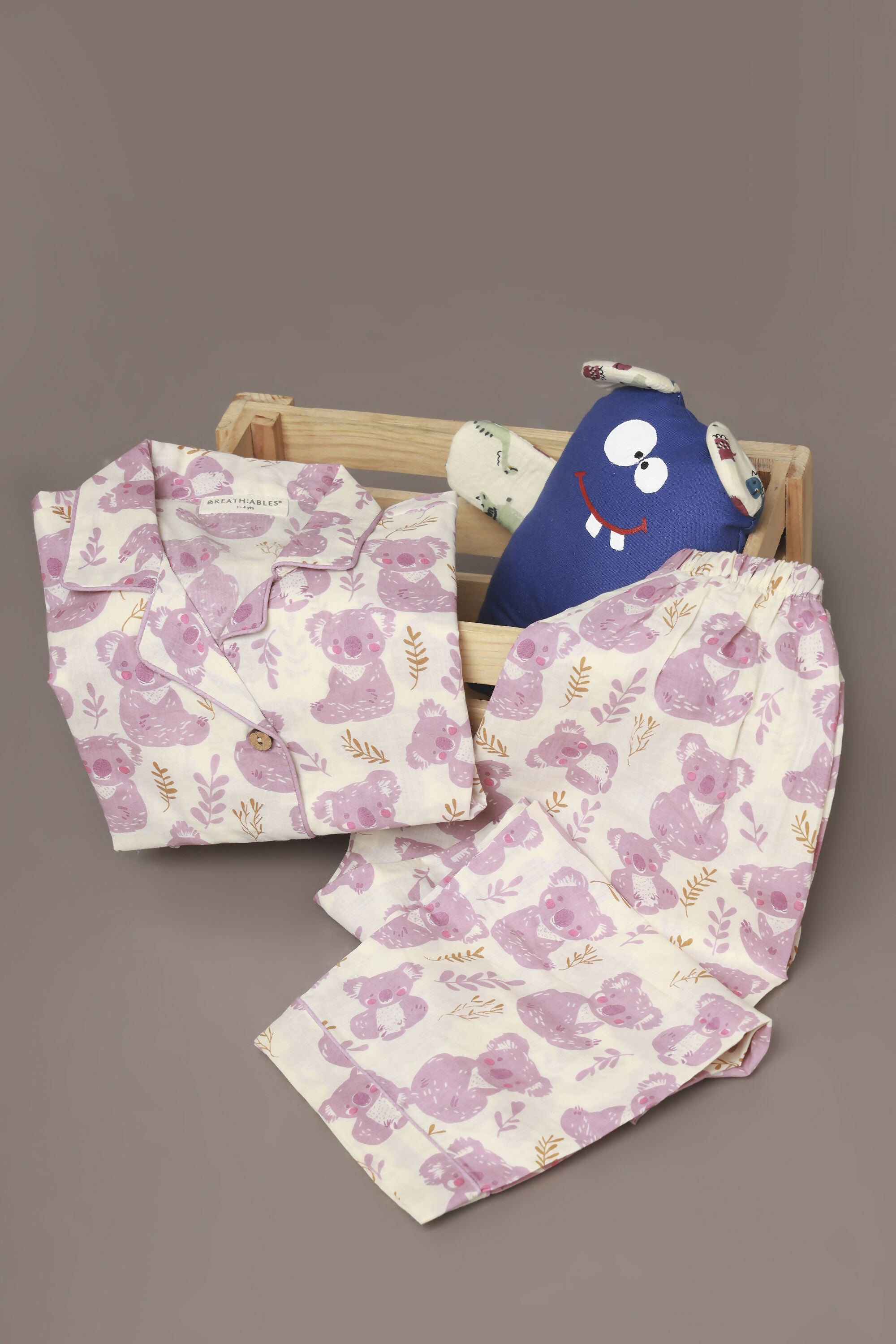 Breathables Kids Cotton Night Suit – White & Pink Teddy Shirt & Pyjama Co-Ord Set For Boys & Girls | Grocsy