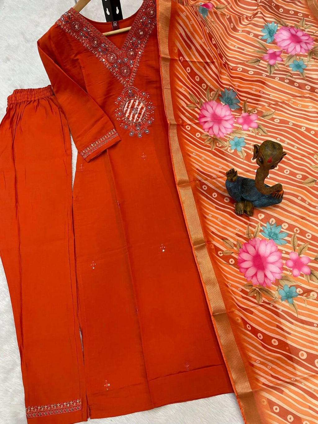 Teeya Creation Womens Orange Embroidered Kurta Pant Set | Grocsy