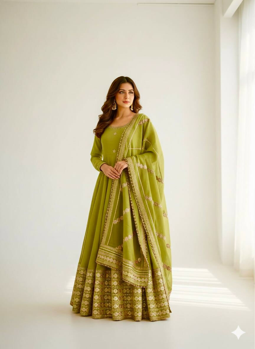 Teeya Creation Womens New Fancy Silk Heavy Quality Fabric With Handwork Light-Green Gown Set | Grocsy