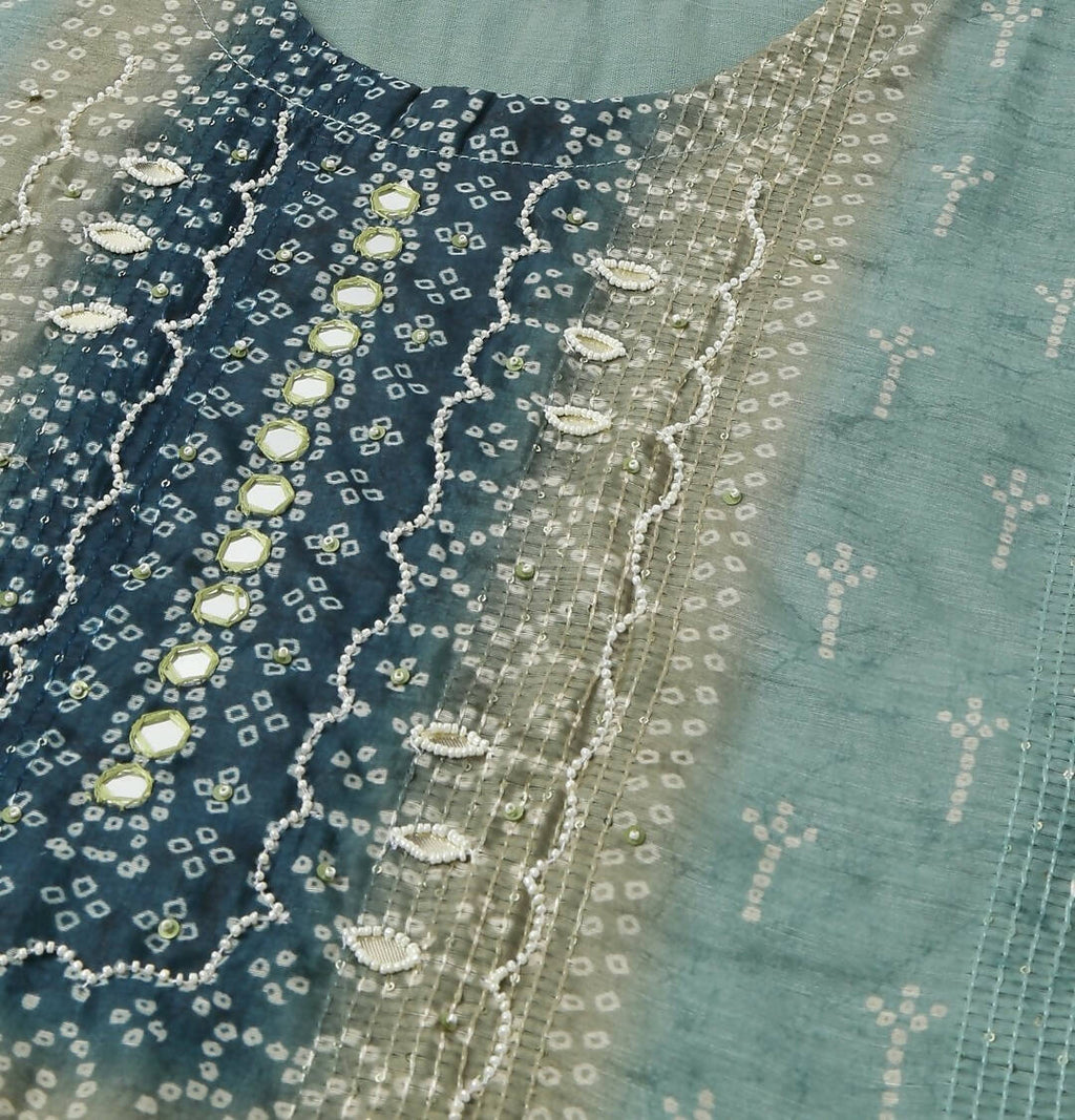 Blue Chinon Digital Printed With Hand Work Kurta - Himanshi | Grocsy