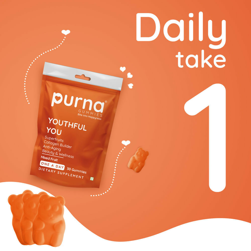Purna Gummies Superfruits Collagen Mixed Fruit Flavour Gummies for Hair and Skin | Grocsy