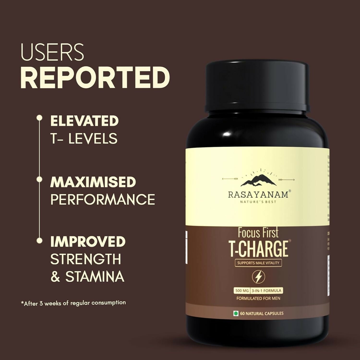 Rasayanam T-Charge Capsules (500mg) 3-in-1 Testosterone Supplement for Men with Sj | Grocsy