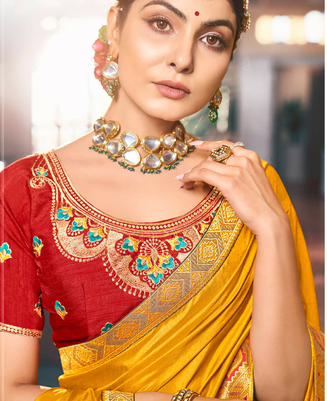 Mustard Solid Vichitra Saree With Unstitched Blouse Piece - Selena | Grocsy