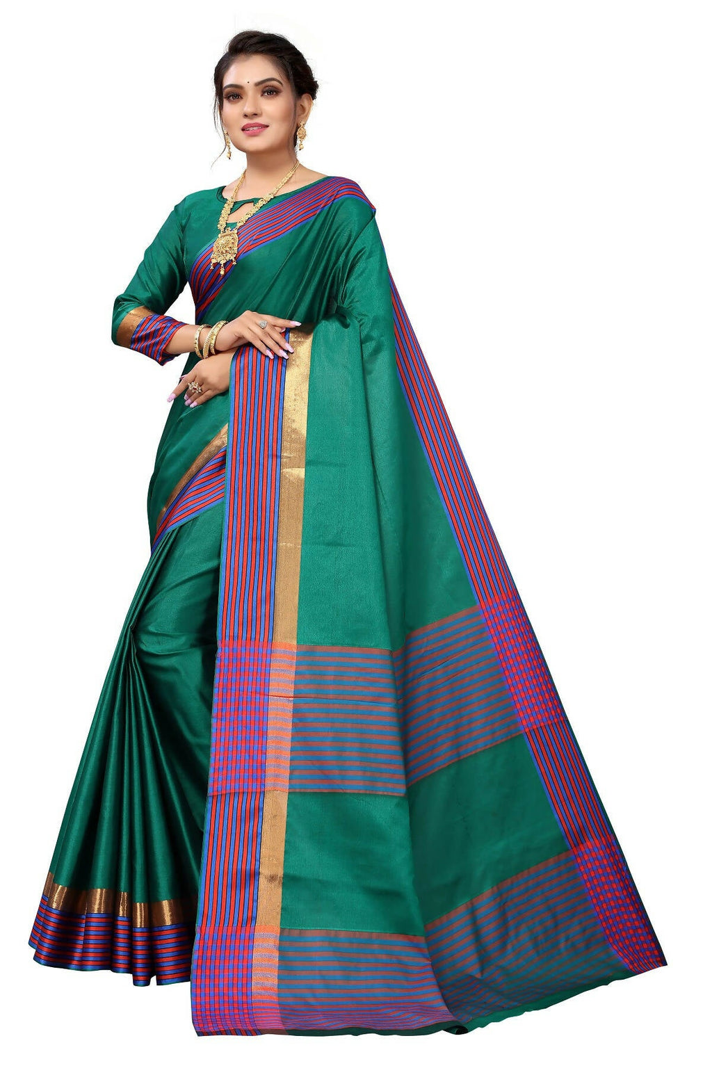 Vamika Ethnic Fire Green Cotton Silk Saree | Grocsy