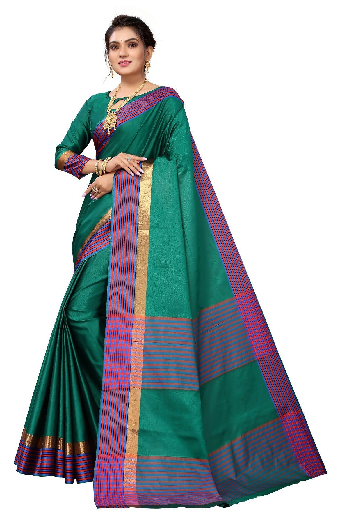Vamika Ethnic Fire Green Cotton Silk Saree | Grocsy