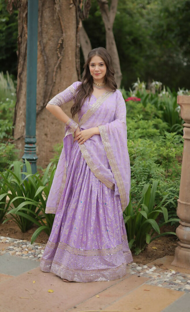 Lorenvalley Lavender Pure Viscose Jacquard with Golden Embroidered Sequins work Lehenga Choli | Grocsy