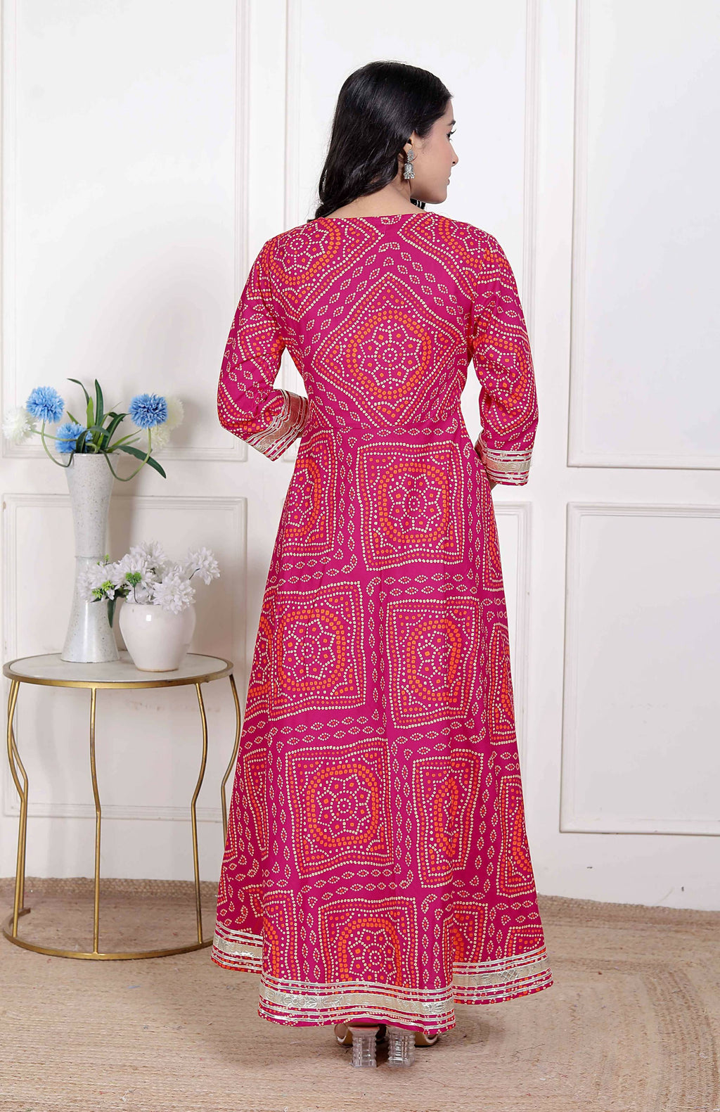 Miravan Women's Pink Cotton Bandhani Ethnic Anarkali Kurta | Grocsy