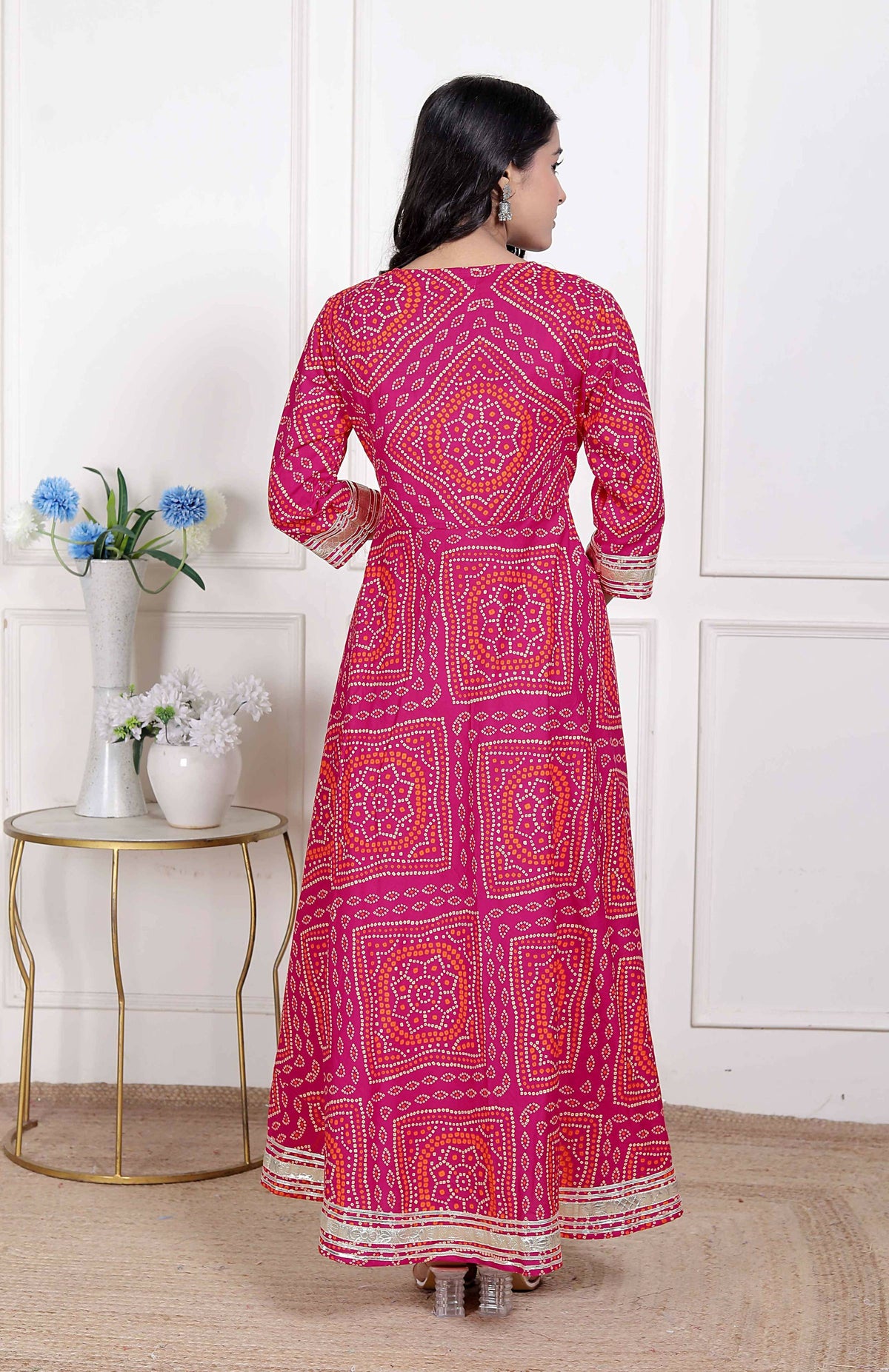 Miravan Women's Pink Cotton Bandhani Ethnic Anarkali Kurta | Grocsy
