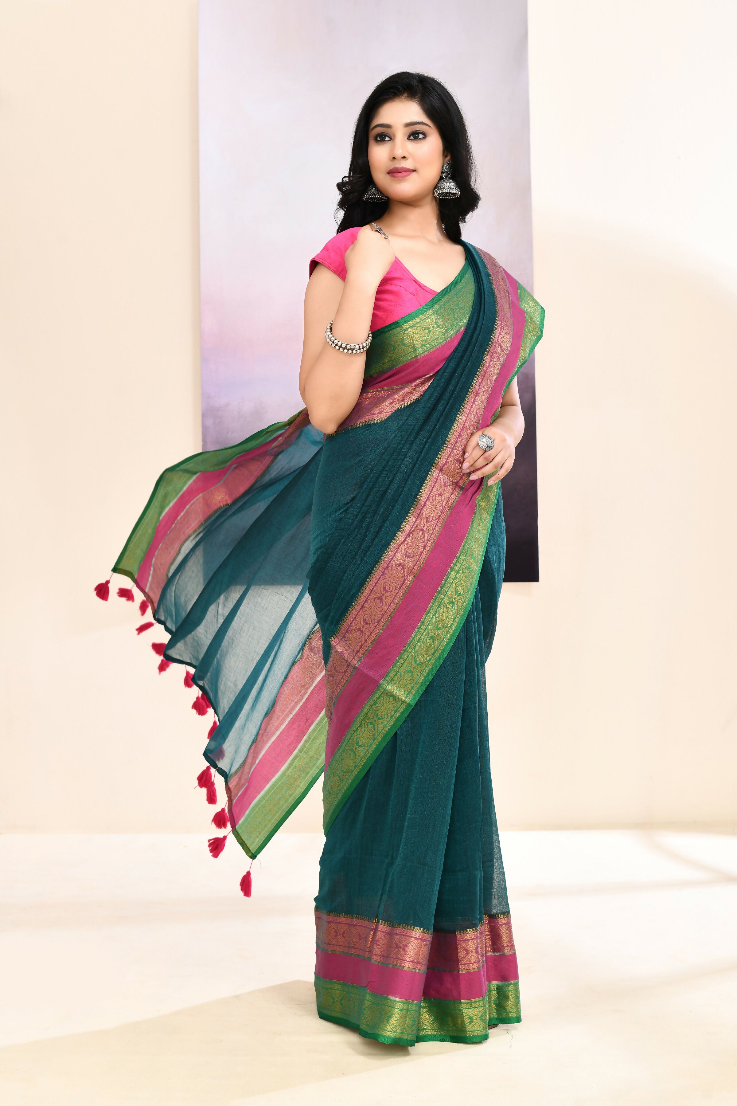 Piyari Fashion Women's Teal Embellished Zari Border Cotton Saree | Grocsy