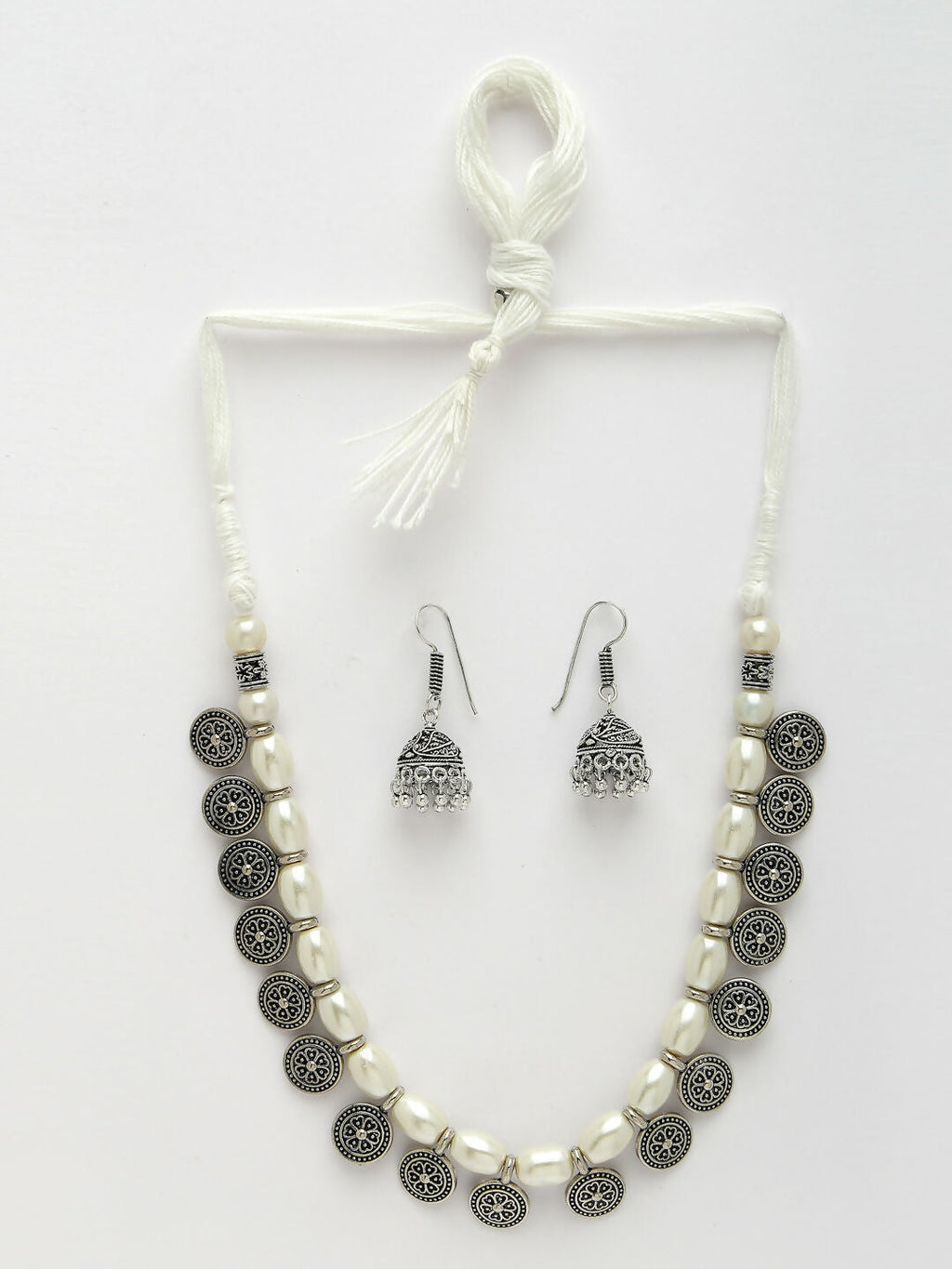 NVR Women's White Silver-Plated Choke Oxidized Necklace with Jhumka Earrings | Grocsy