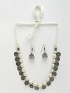NVR Women's White Silver-Plated Choke Oxidized Necklace with Jhumka Earrings | Grocsy