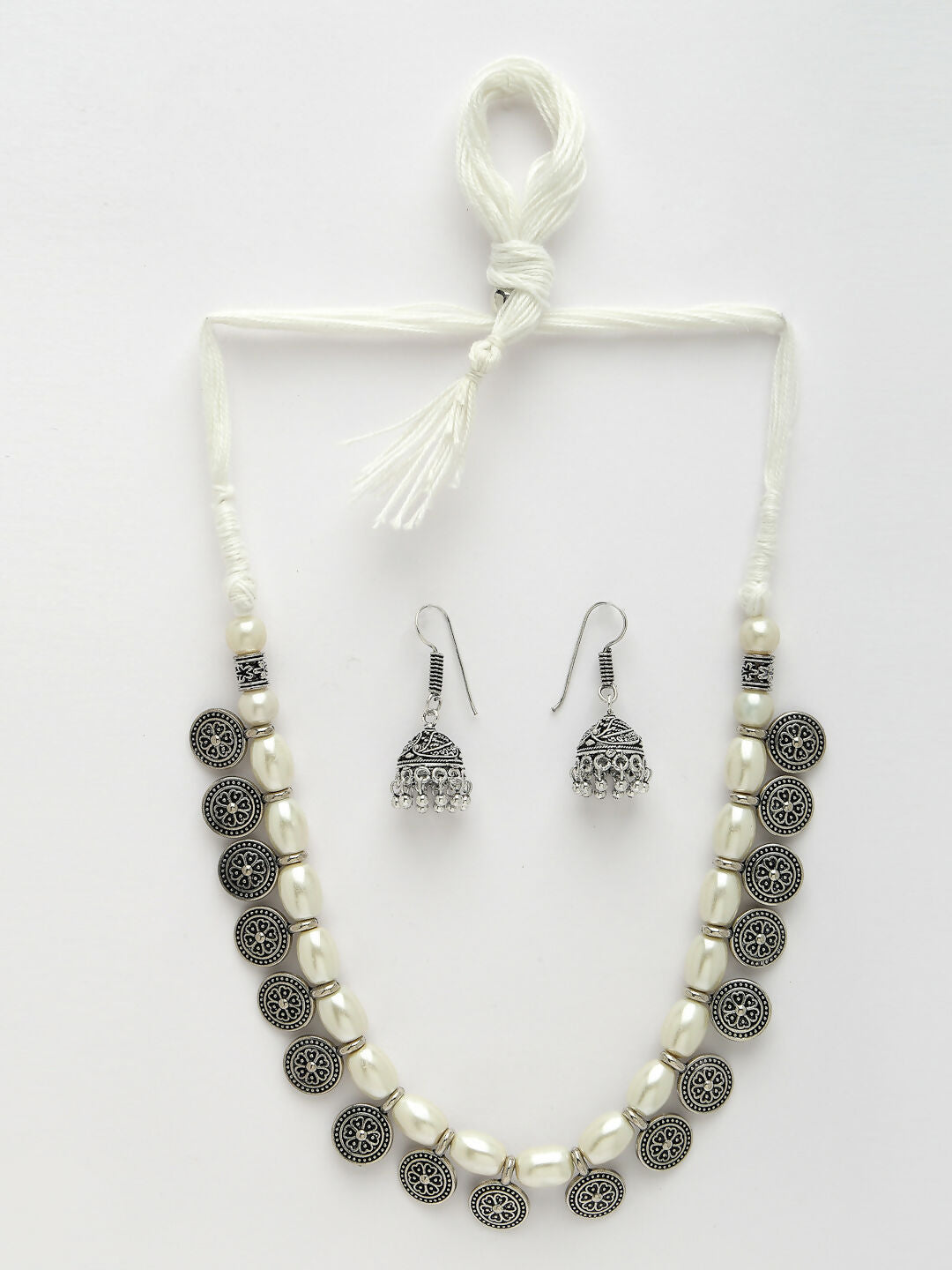 NVR Women's White Silver-Plated Choke Oxidized Necklace with Jhumka Earrings | Grocsy
