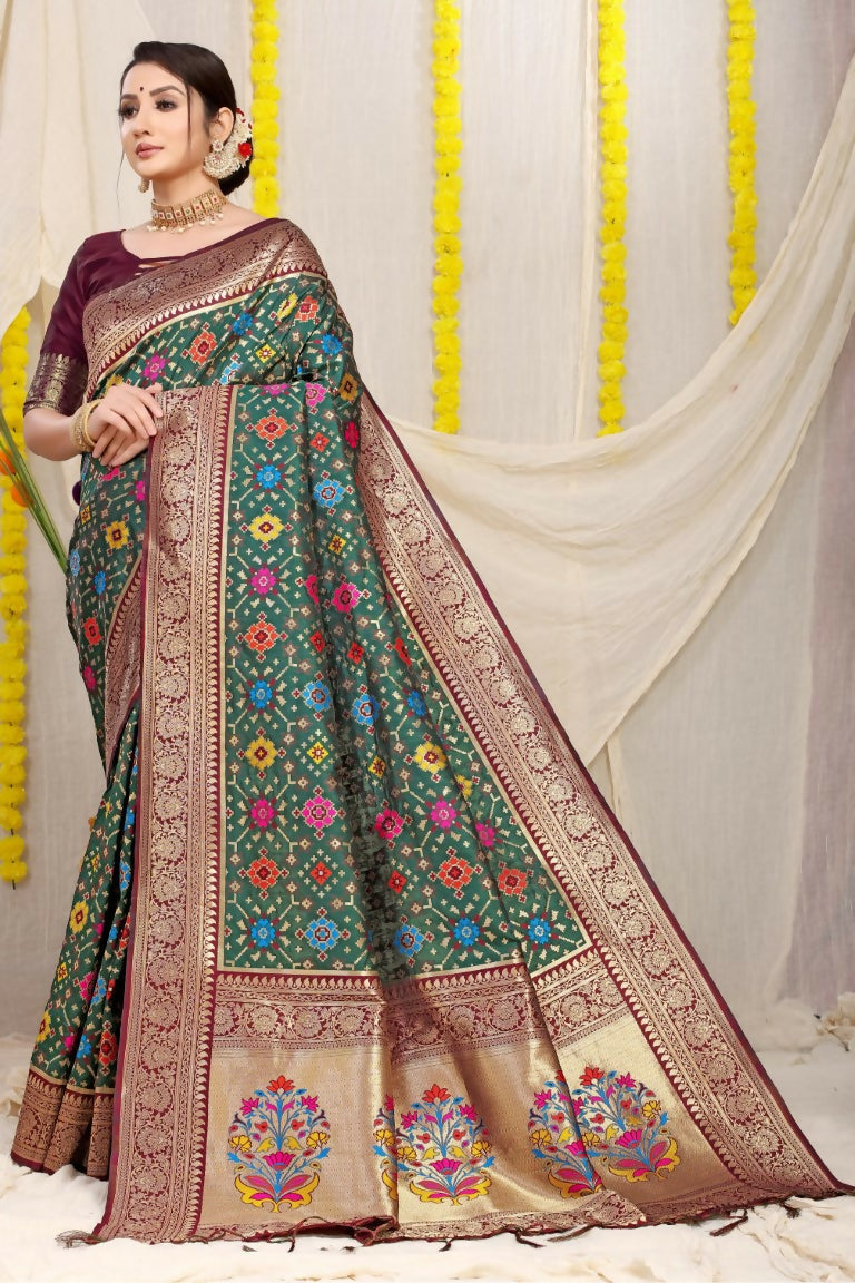 Jyoti Fashion Women's Bottle Green Patola Silk Zari Woven Saree with Blouse | Grocsy