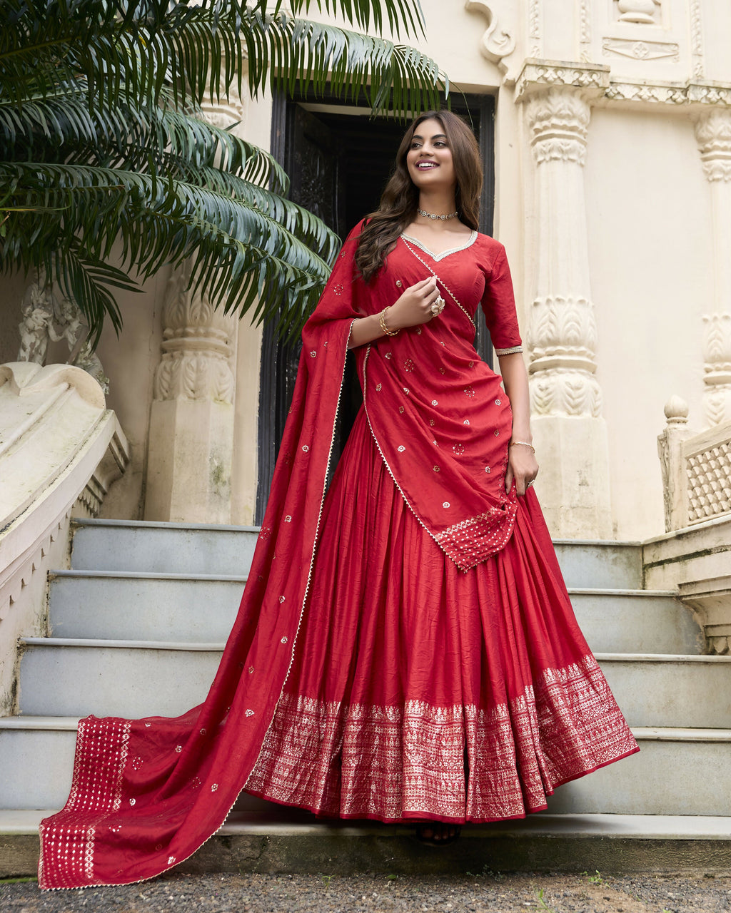 Lorenvalley Red Pure Chanderi Plain With Zari Weaving Work Border Lehenga Choli | Grocsy
