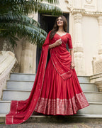 Lorenvalley Red Pure Chanderi Plain With Zari Weaving Work Border Lehenga Choli | Grocsy