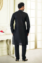 Raivat Ethnic Jacquard Banarasi Silk Thread Work Kurta Pajama In Black Colour | Grocsy