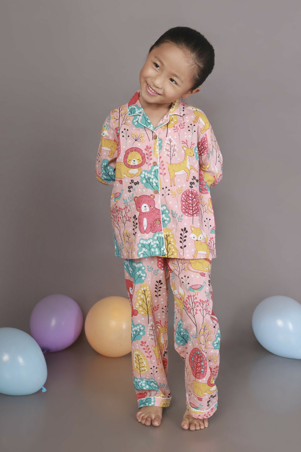 Breathables Kids Cotton Night Suit – Peach Lion & Teddy Shirt & Pyjama Co-Ord Set For Boys & Girls | Grocsy
