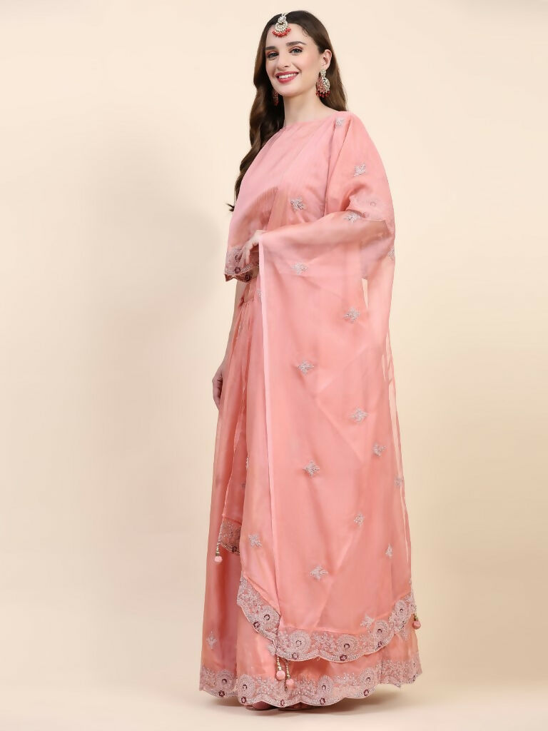 Peach Silk Embroidered Poncho Pattern Top & Lehenga with Dupatta - Tanya | Grocsy