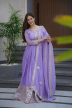 Teeya Creation Lavender Color Crunchy Silk Wedding Wear Embroidery Work Long Gown | Grocsy
