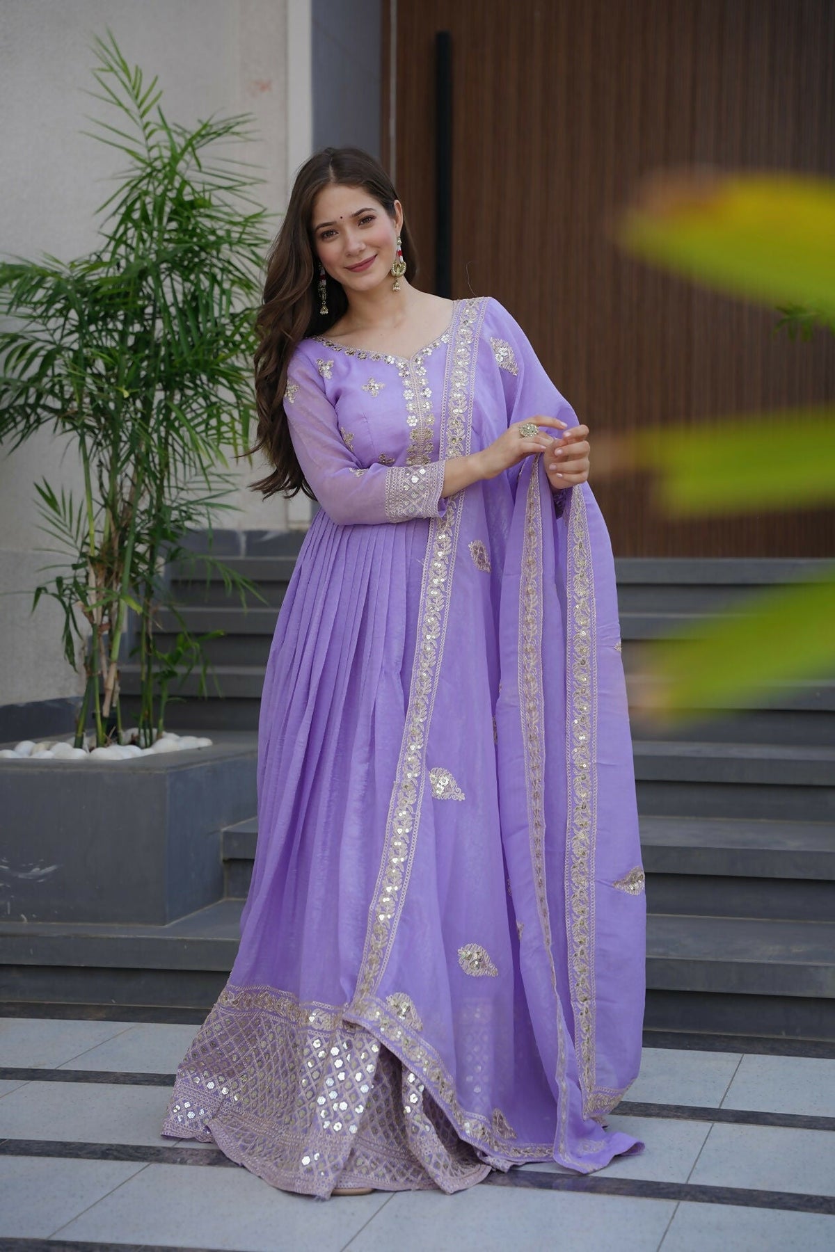 Teeya Creation Lavender Color Crunchy Silk Wedding Wear Embroidery Work Long Gown | Grocsy