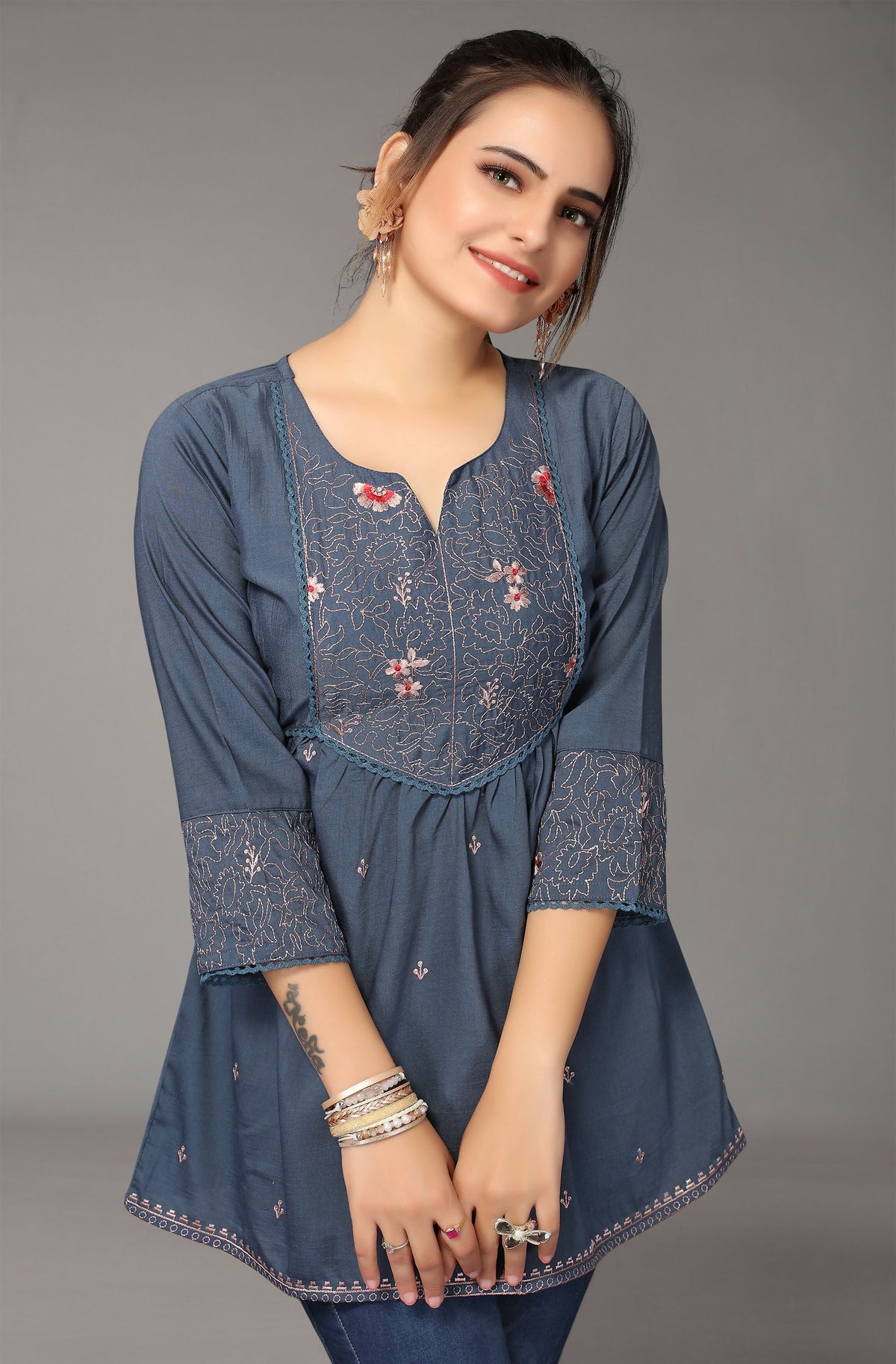 Women's Turquoise Blue Viscose blend Embroidered Short Top - Marina | Grocsy
