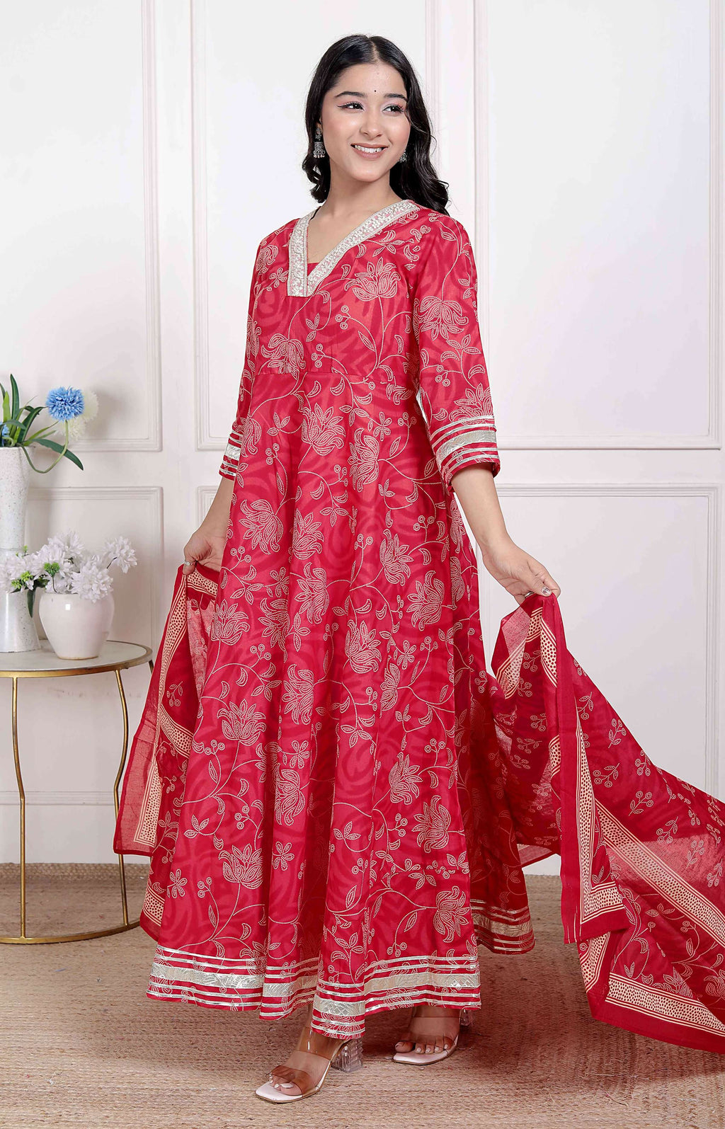 Miravan Women's red Embroidered Anarkali Kurta and Dupatta  | Grocsy