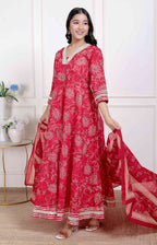 Miravan Women's red Embroidered Anarkali Kurta and Dupatta  | Grocsy