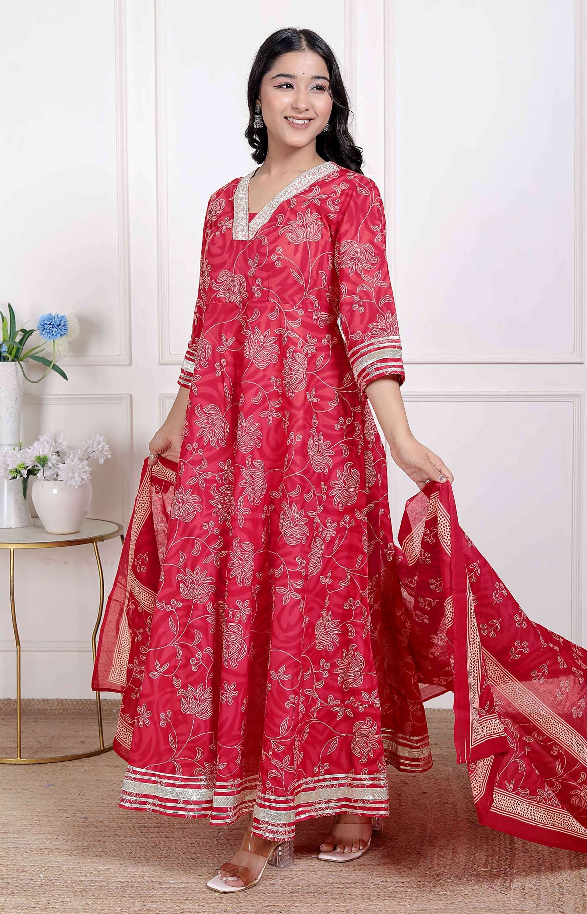 Miravan Women's red Embroidered Anarkali Kurta and Dupatta  | Grocsy