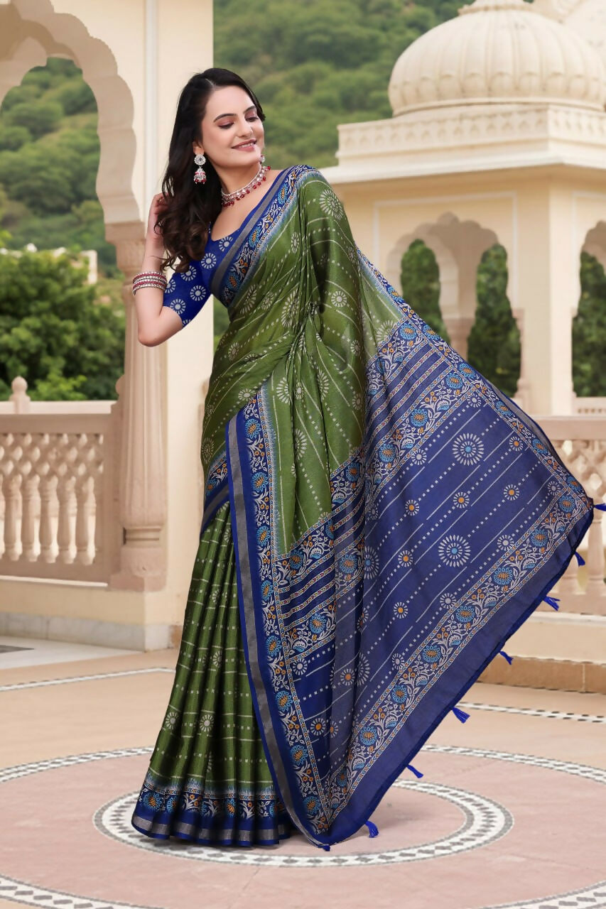 Prime Volt Women's Green & Blue Printed Mal Cotton Saree with Designer Blouse Piece | Grocsy