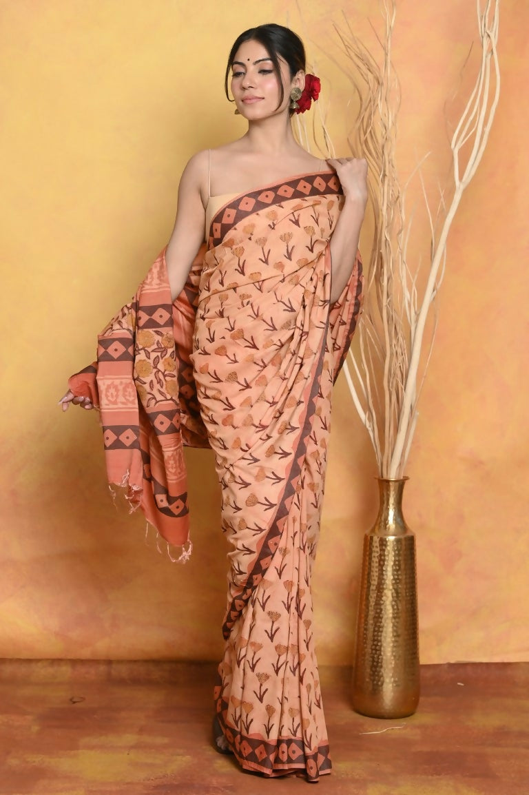 Very Much Indian Designer Modal Silk Saree With With Beautiful Floral Print - Light Orange | Grocsy