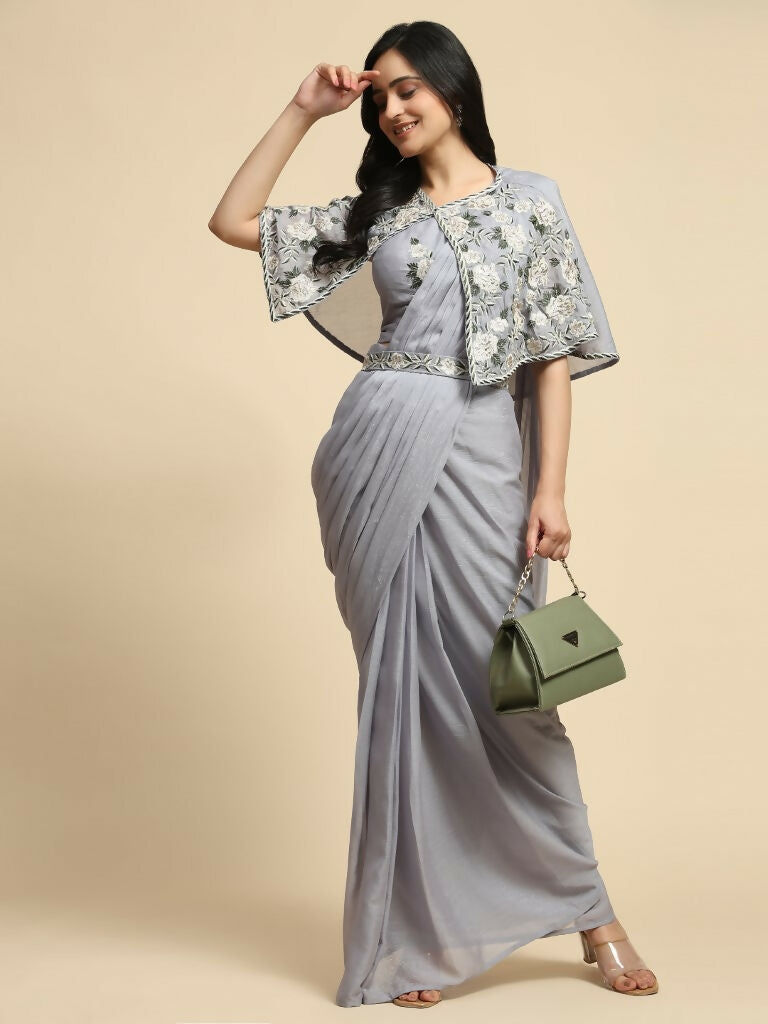 Grey Chiffon Solid Ready to wear Saree with stitched Blouse - Aayan | Grocsy