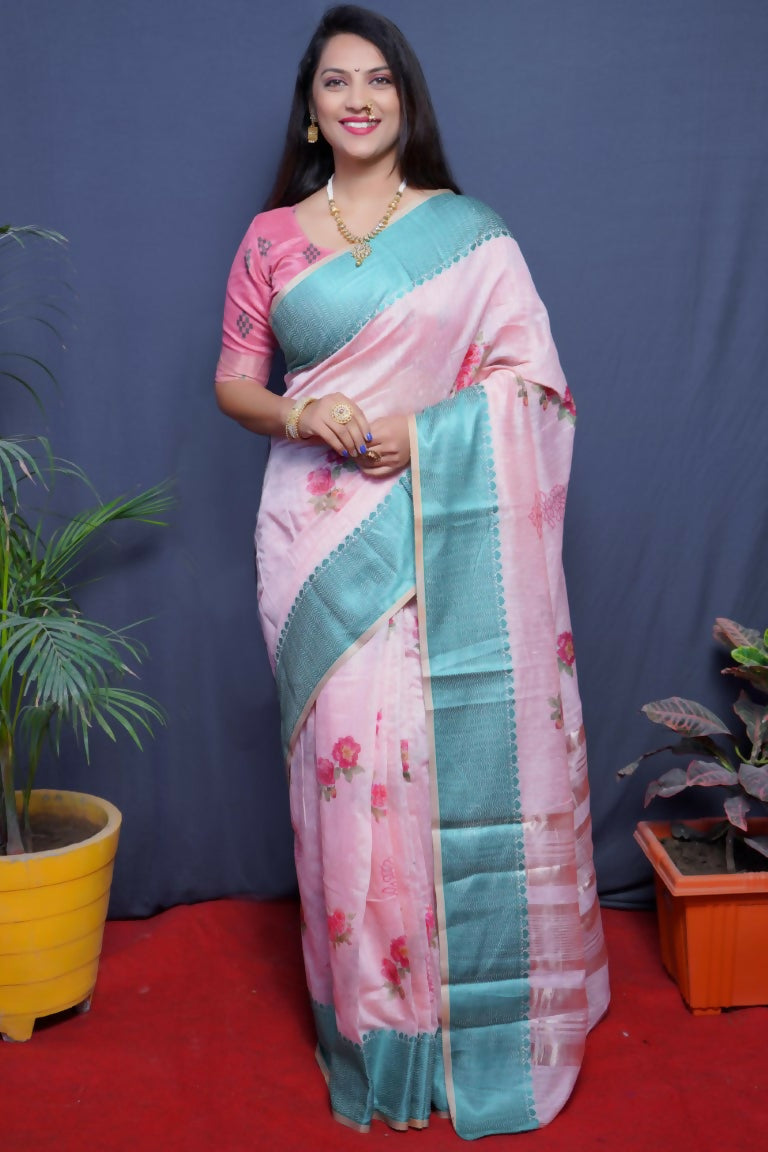 Jyoti Fashion Women's Teal Linen Silk Digital Print with Jacquard Woven Border Saree with Blouse | Grocsy