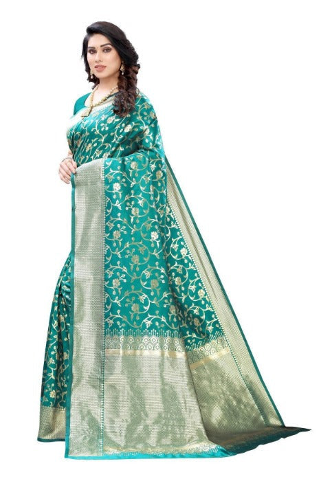 Vamika Banarasi Jacquard Weaving Rama Green Saree (PARINITI RAMA) | Grocsy