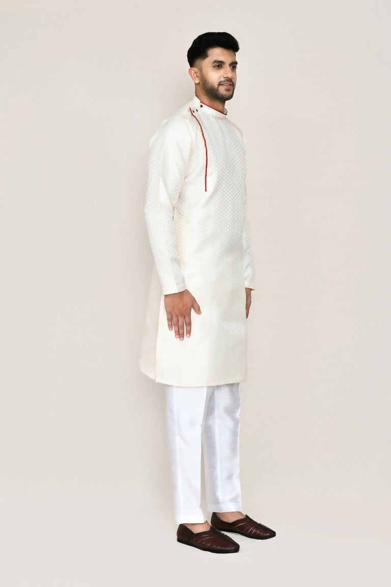 Joban Fashion Cream Colored Jacquard Fabric Kurta With Straight Fit Pant | Grocsy