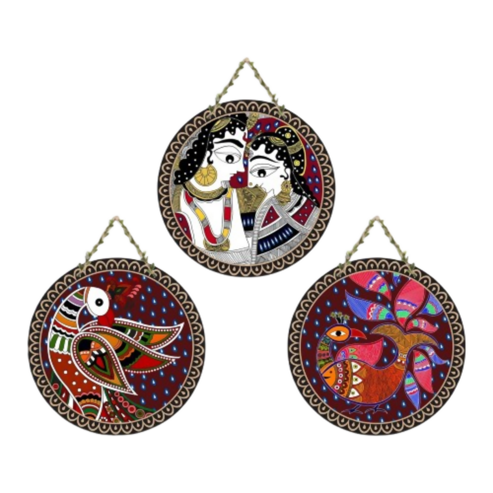 Artvibes Madhubani Folk Art Round Shape MDF Wooden Wall Decor Items | Grocsy
