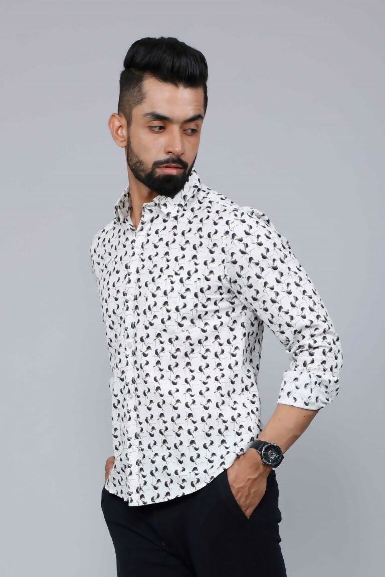 Miravan Men's White Spread Collar Bird Print Casual Shirt | Grocsy