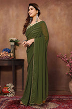 Partywear Designer Green Georgette Fancy Saree - Satrangi | Grocsy