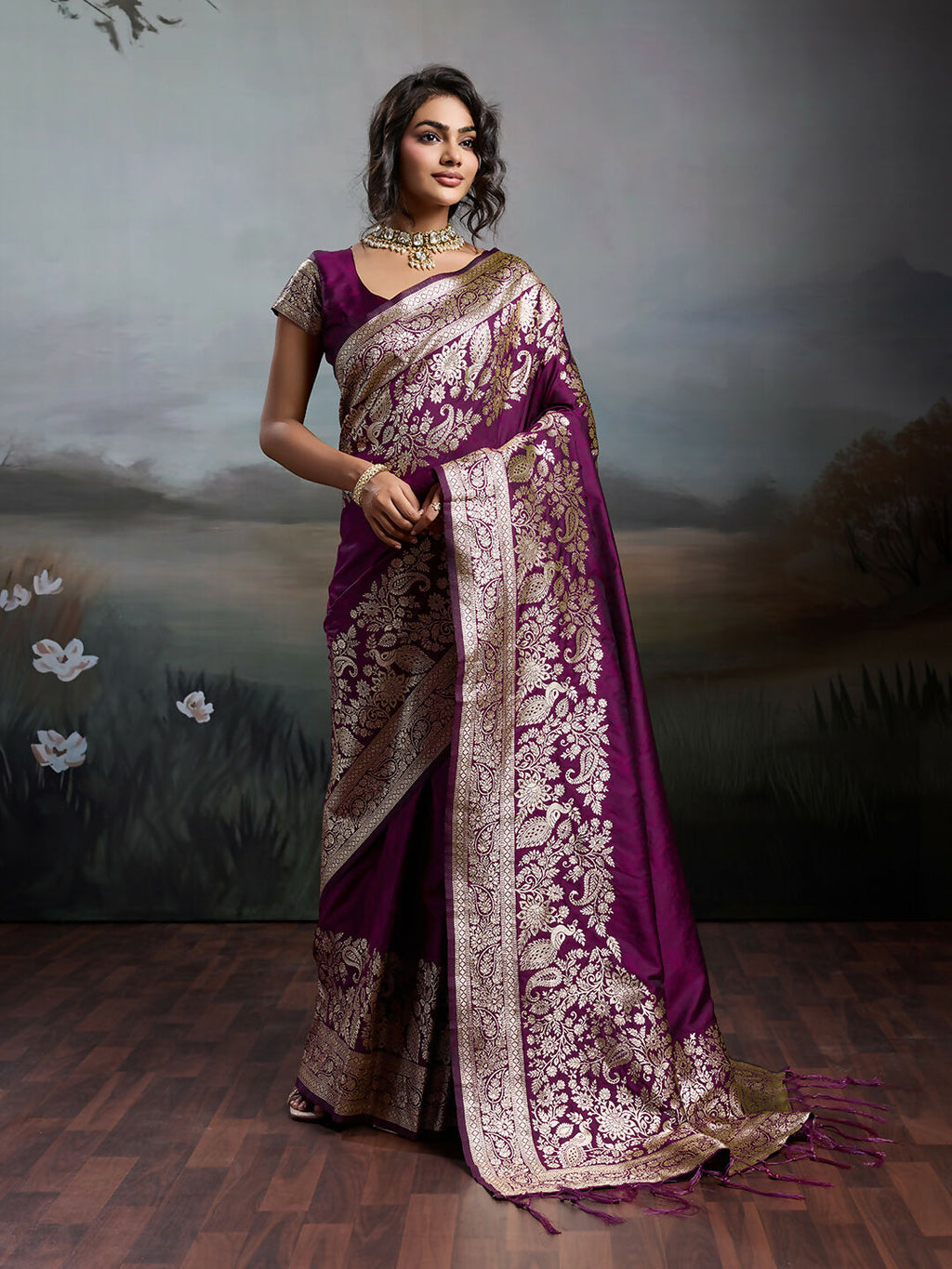 Shree Shyam Fashion Wine Silk Blend Saree | Grocsy